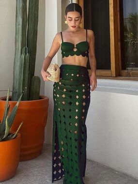Green 3 Piece Laser Cut Bikini Swimsuit and Skirt